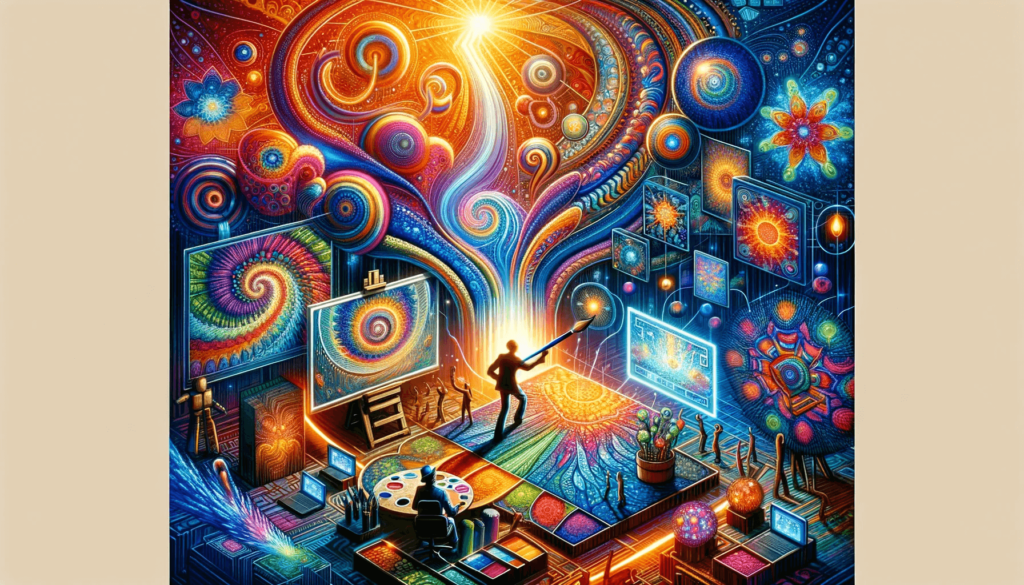 image that visualizes the concept of using psychedelic art to generate income, showcasing various monetization activities within a vibrant, psychedelic setting.