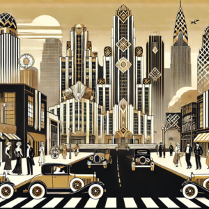 "Art Deco Metropolis" by Fantasia Pix: High-quality vintage cityscape PNG artwork. Instant download, free license, only $60. Perfect for home decor!