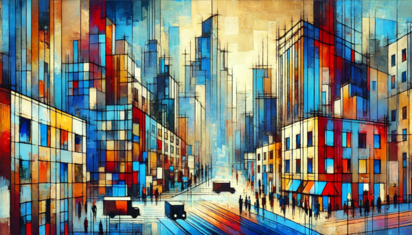 "Geometric Cityscape" by Fantasia Pix: High-quality abstract cityscape PNG artwork. Instant download, free license, only $60. Enhance your space today!