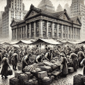 "Market Day in the City" by Fantasia Pix: High-quality monochrome city market PNG artwork. Instant download, free license, only $60. Add to your collection!