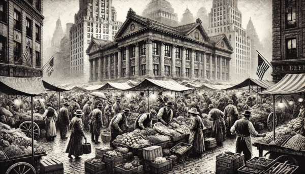 "Market Day in the City" by Fantasia Pix: High-quality monochrome city market PNG artwork. Instant download, free license, only $60. Add to your collection!