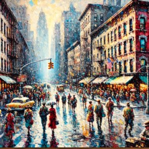 "Rainy City Streets" by Fantasia Pix: High-quality vibrant city scene PNG artwork. Instant download, free license, only $60. Perfect for home decor!