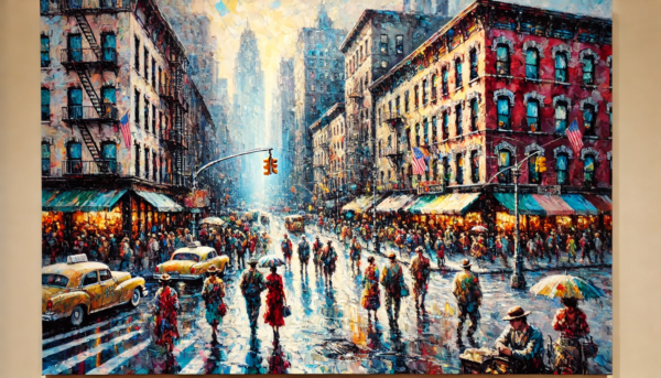 "Rainy City Streets" by Fantasia Pix: High-quality vibrant city scene PNG artwork. Instant download, free license, only $60. Perfect for home decor!