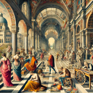 "Renaissance Marketplace" by Fantasia Pix: High-quality vibrant historical scene PNG artwork. Instant download, free license, only $60. Perfect for home decor!