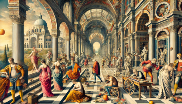 "Renaissance Marketplace" by Fantasia Pix: High-quality vibrant historical scene PNG artwork. Instant download, free license, only $60. Perfect for home decor!