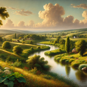 "Serene River Valley" by Fantasia Pix: High-quality tranquil countryside PNG artwork. Instant download, free license, only $60. Perfect for home decor!