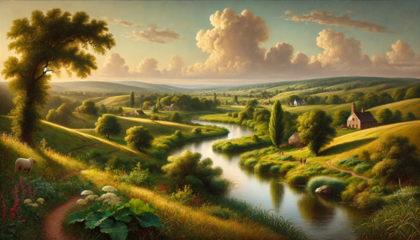 "Serene River Valley" by Fantasia Pix: High-quality tranquil countryside PNG artwork. Instant download, free license, only $60. Perfect for home decor!