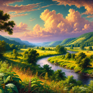 "Serene Valley Landscape" by Fantasia Pix: High-quality tranquil valley PNG artwork. Instant download, free license, only $60. Enhance your space today!