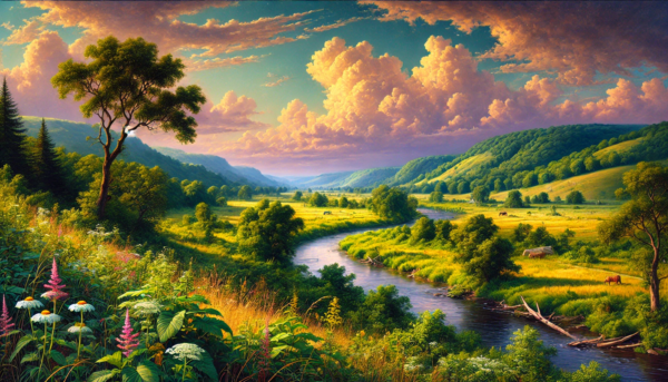 "Serene Valley Landscape" by Fantasia Pix: High-quality tranquil valley PNG artwork. Instant download, free license, only $60. Enhance your space today!