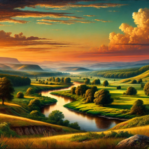 "Tranquil Valley Sunset" by Fantasia Pix: High-quality serene landscape PNG artwork. Instant download, free license, only $60. Perfect for home decor!