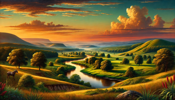 "Tranquil Valley Sunset" by Fantasia Pix: High-quality serene landscape PNG artwork. Instant download, free license, only $60. Perfect for home decor!