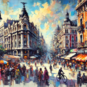 "Vibrant City Square" by Fantasia Pix: High-quality lively city scene PNG artwork. Instant download, free license, only $60. Perfect for home decor!