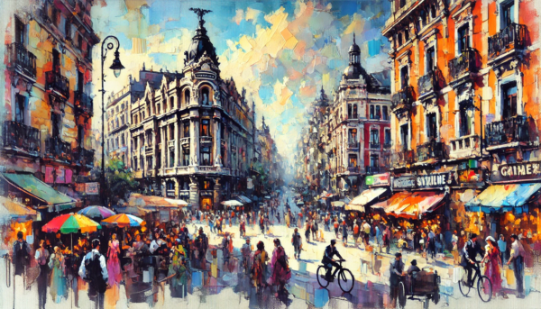 "Vibrant City Square" by Fantasia Pix: High-quality lively city scene PNG artwork. Instant download, free license, only $60. Perfect for home decor!