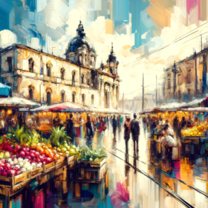 "Vibrant Market Square" by Fantasia Pix: High-quality colorful market scene PNG artwork. Instant download, free license, only $60. Brighten your space!