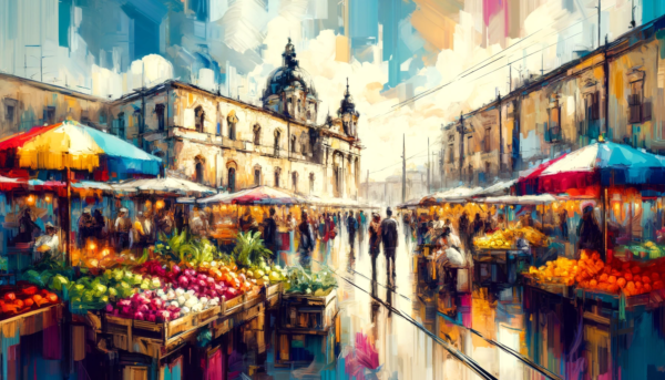 "Vibrant Market Square" by Fantasia Pix: High-quality colorful market scene PNG artwork. Instant download, free license, only $60. Brighten your space!