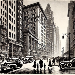 "Urban Symphony" by Fantasia Pix: High-quality monochrome PNG artwork depicting a vintage cityscape. Instant download, free license, only $60.