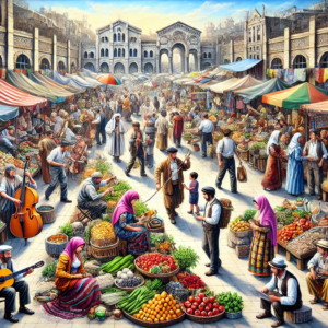 Vibrant artwork by Fantasia Pix capturing a lively marketplace scene perfect for adding energy to any room high-quality PNG instant download