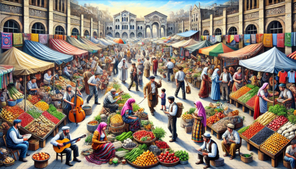 Vibrant artwork by Fantasia Pix capturing a lively marketplace scene perfect for adding energy to any room high-quality PNG instant download