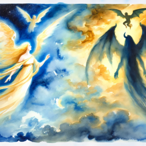 Dramatic artwork by Fantasia Pix depicting a celestial battle between light and darkness perfect for striking wall art or canvas prints high-quality PNG