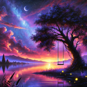 Dreamlike artwork by Fantasia Pix featuring a serene night sky over a tranquil lake ideal for calming wall art or canvas prints high-quality PNG