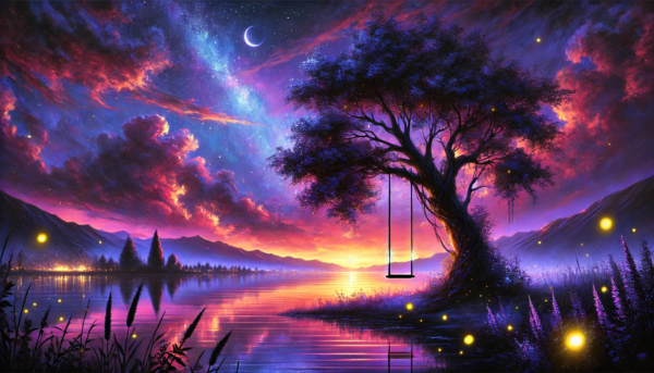 Dreamlike artwork by Fantasia Pix featuring a serene night sky over a tranquil lake ideal for calming wall art or canvas prints high-quality PNG