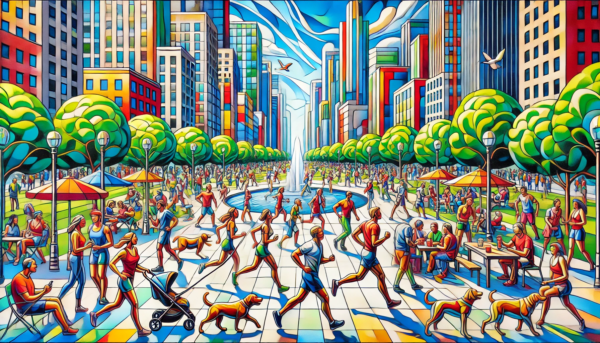 Vibrant artwork by Fantasia Pix capturing the lively energy of an urban park perfect for modern wall art or canvas prints high-quality PNG