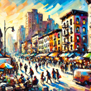 Vibrant artwork by Fantasia Pix capturing the energy of city life perfect for lively wall art or canvas prints high-quality PNG instant download