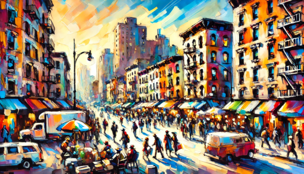 Vibrant artwork by Fantasia Pix capturing the energy of city life perfect for lively wall art or canvas prints high-quality PNG instant download