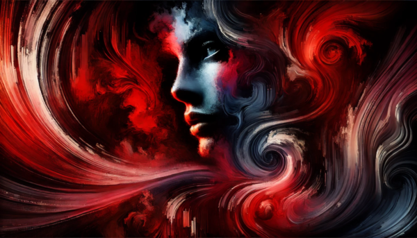 Dynamic abstract artwork blending swirling red tones and a surreal face perfect for bold wall art or canvas prints available as instant download