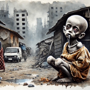 Powerful artwork by Fantasia Pix depicting the harsh realities of poverty ideal for impactful wall art or educational displays high-quality PNG