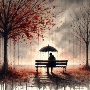 Emotive artwork by Fantasia Pix depicting a solitary figure in a rainy park ideal for introspective wall art or canvas prints high-quality PNG