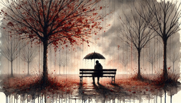 Emotive artwork by Fantasia Pix depicting a solitary figure in a rainy park ideal for introspective wall art or canvas prints high-quality PNG