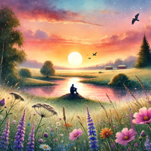 Serene sunset artwork by Fantasia Pix featuring tranquil nature scenes with vibrant flowers perfect for peaceful wall art or canvas prints high-quality PNG