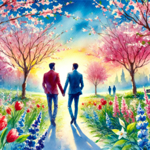 "Blossoming Love" by Fantasia Pix: Stunning gay art featuring a couple in a blooming garden. High-quality PNG, instant download, free license, $30. Perfect for wall art, canvas prints, and home decor!