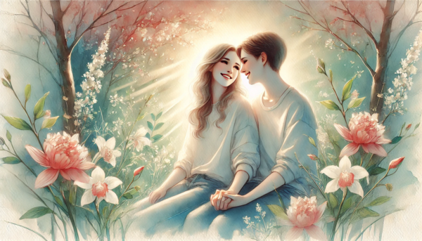 "Blossoming Love" by Fantasia Pix: High-quality lesbian romance PNG artwork. Instant download, free license, only $30. Perfect for wall art and home decor!