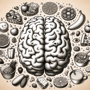 "Brain Food" by Fantasia Pix: Detailed brain and food illustration. Instant $2 download, free license, high-quality PNG for wall art and home decor.