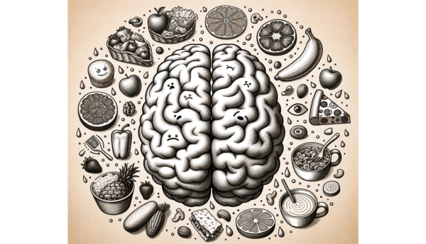 "Brain Food" by Fantasia Pix: Detailed brain and food illustration. Instant $2 download, free license, high-quality PNG for wall art and home decor.