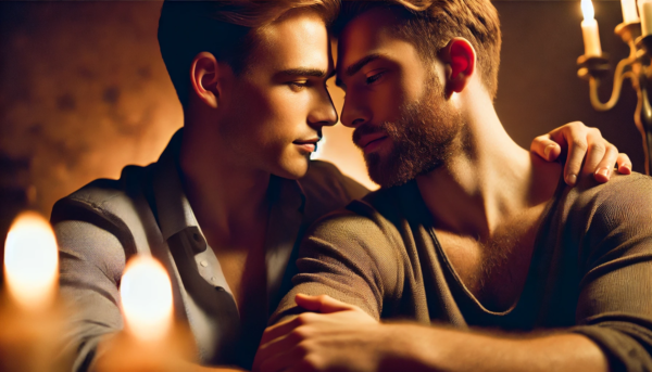 Gay art Candlelit Affection by Fantasia Pix warm and romantic LGBTQ+ wall art high-quality PNG instant download perfect for home decor and canvas prints