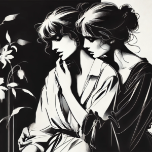 "Embrace in Monochrome" by Fantasia Pix: Elegant black and white lesbian art capturing a tender embrace. High-quality PNG, instant download, free license, $30. Perfect for wall art, canvas prints, and home decor!