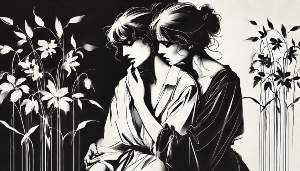 "Embrace in Monochrome" by Fantasia Pix: Elegant black and white lesbian art capturing a tender embrace. High-quality PNG, instant download, free license, $30. Perfect for wall art, canvas prints, and home decor!