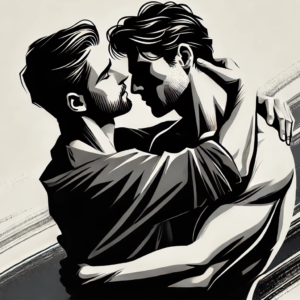 Gay art Embrace in Motion by Fantasia Pix dynamic black-and-white LGBTQ+ wall art high-quality PNG instant download ideal for modern home decor