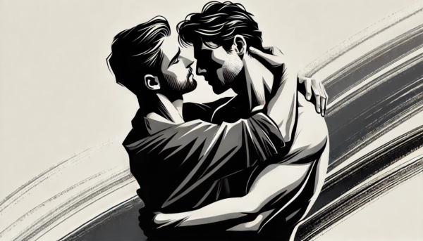 Gay art Embrace in Motion by Fantasia Pix dynamic black-and-white LGBTQ+ wall art high-quality PNG instant download ideal for modern home decor