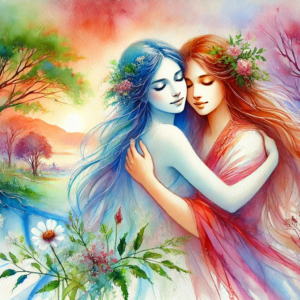 "Enchanted Embrace" by Fantasia Pix: Beautiful lesbian art of two women embracing in a dreamy landscape. High-quality PNG, instant download, free license, $30. Perfect for wall art, canvas prints, and home decor!