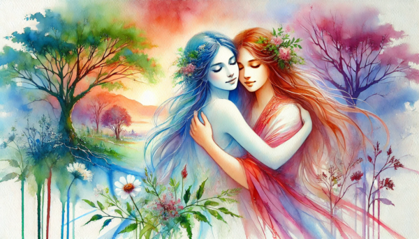 "Enchanted Embrace" by Fantasia Pix: Beautiful lesbian art of two women embracing in a dreamy landscape. High-quality PNG, instant download, free license, $30. Perfect for wall art, canvas prints, and home decor!