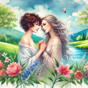 "Eternal Embrace" by Fantasia Pix: Captivating lesbian art celebrating love. High-quality PNG, instant download, free license, $30. Ideal for wall art, canvas prints, and home decor!