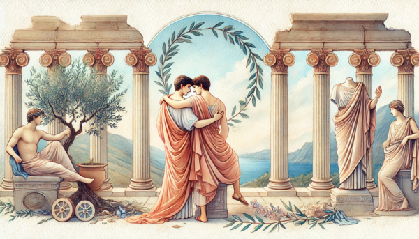 "Eternal Love in Ancient Greece" by Fantasia Pix: Classical Greek gay art in high-quality PNG. Instant download, free license, only $30. Perfect for wall art and home decor!