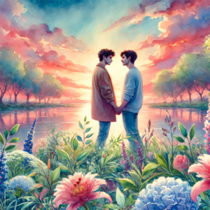 "Eternal Love at Sunset" by Fantasia Pix: Beautiful gay art in high-quality PNG. Instant download, free license, only $30. Perfect for wall art and home decor!