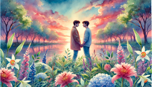 "Eternal Love at Sunset" by Fantasia Pix: Beautiful gay art in high-quality PNG. Instant download, free license, only $30. Perfect for wall art and home decor!