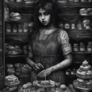 "Explore 'The Haunted Bakery' by Fantasia Pix, a chilling digital artwork perfect for gothic decor, wall art, and horror-themed digital content."