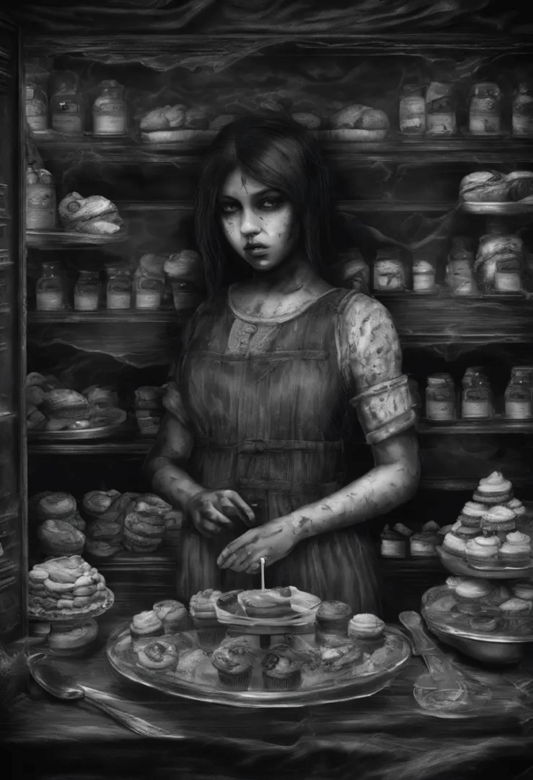 "Explore 'The Haunted Bakery' by Fantasia Pix, a chilling digital artwork perfect for gothic decor, wall art, and horror-themed digital content."